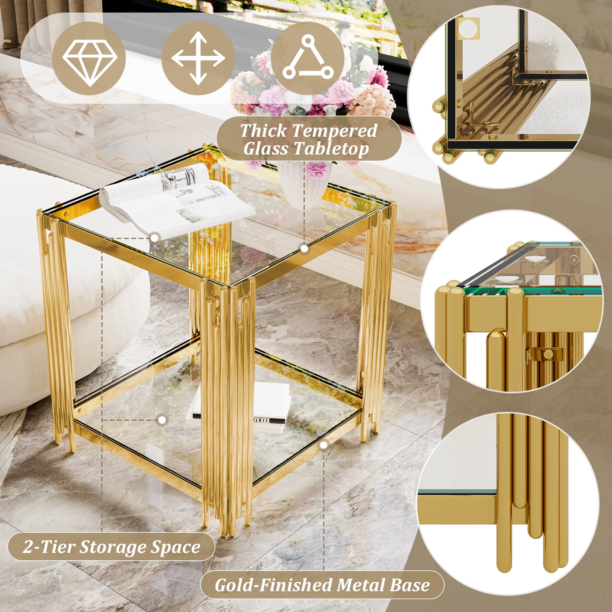 Euroco Modern Transparent Glass End Table for Living Room, Square,Asymmetrical Metal, Gold Finish & Lower Shelf, 19.9"