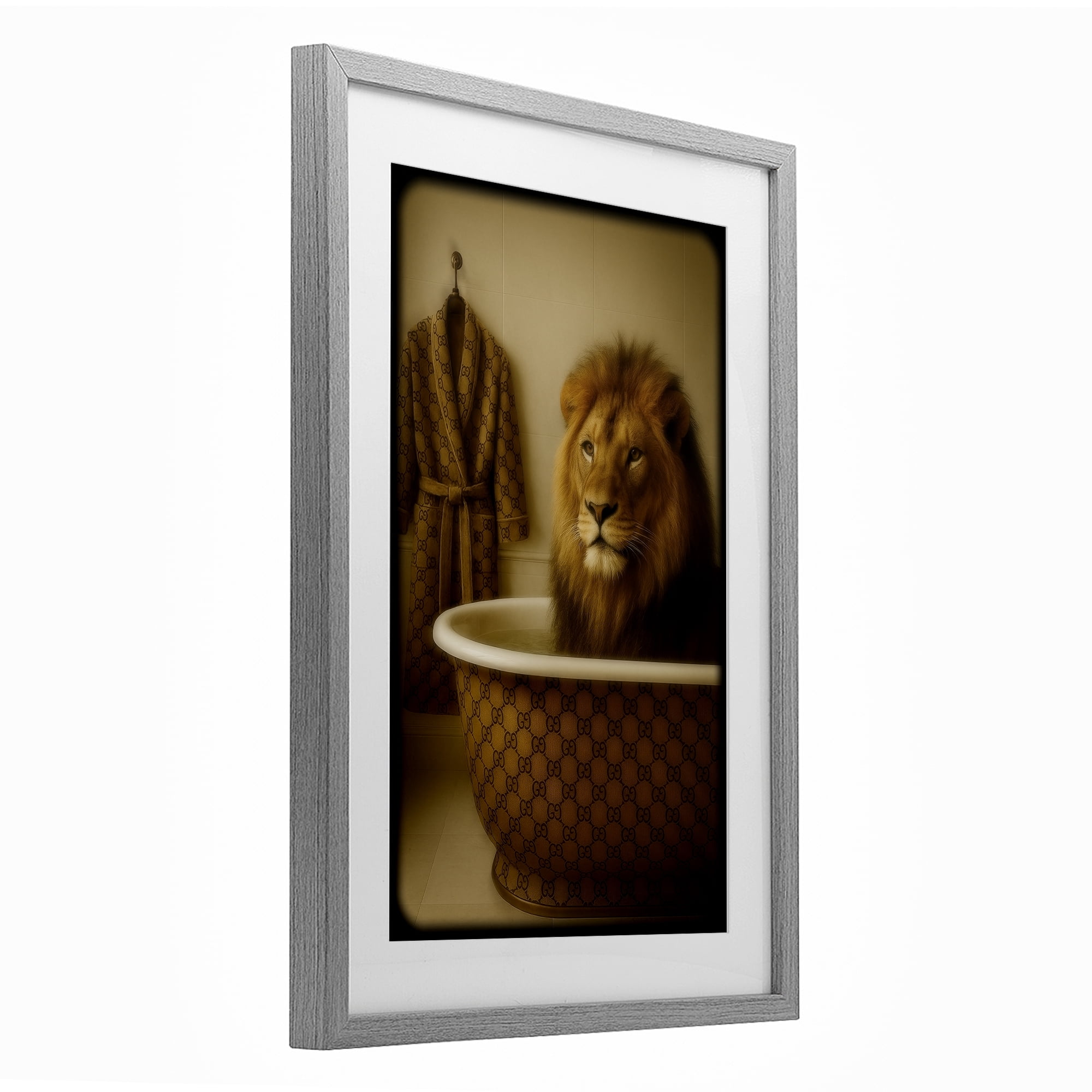 Stupell Industries Couture Lion in Luxury Tub Gray Framed Print Under Glass, design by Grotto Studios