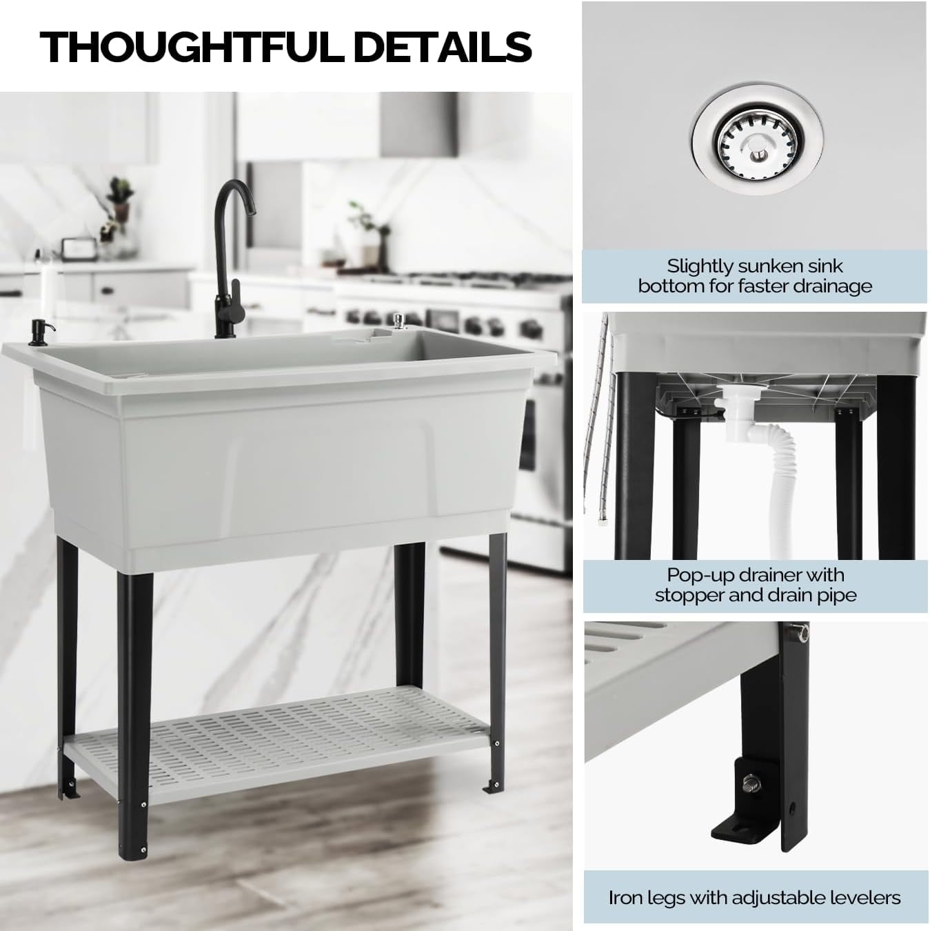 Ktaxon 27 Gallon Plastic Utility Sink with Hot/Cold Faucet, 36" Freestanding Laundry Tub with Iron Legs, Storage Shelf, Drain Board, Soap Dispenser and Pop-up Button for Bathroom, Laundry Room, Gray