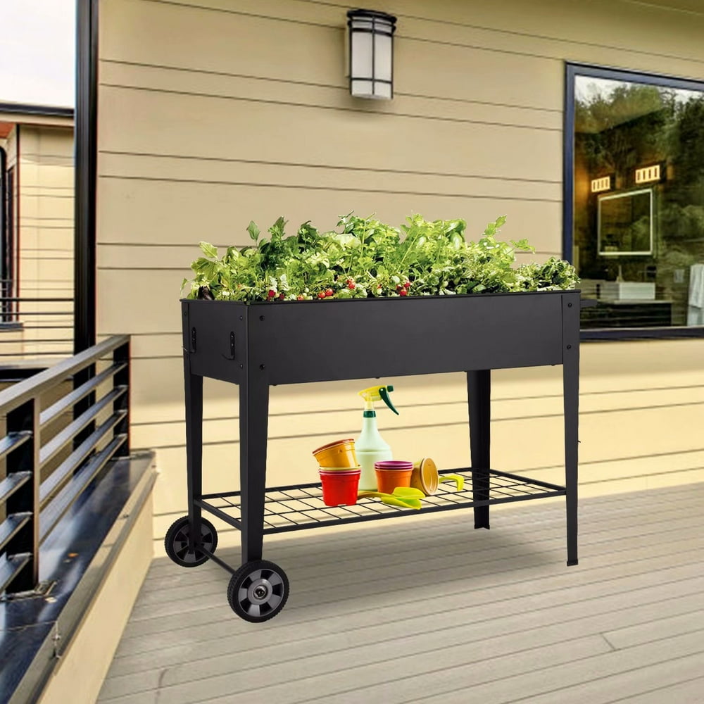 Kinbor Elevated Metal Raised Planter Box with 2 Wheels, Black Walmart