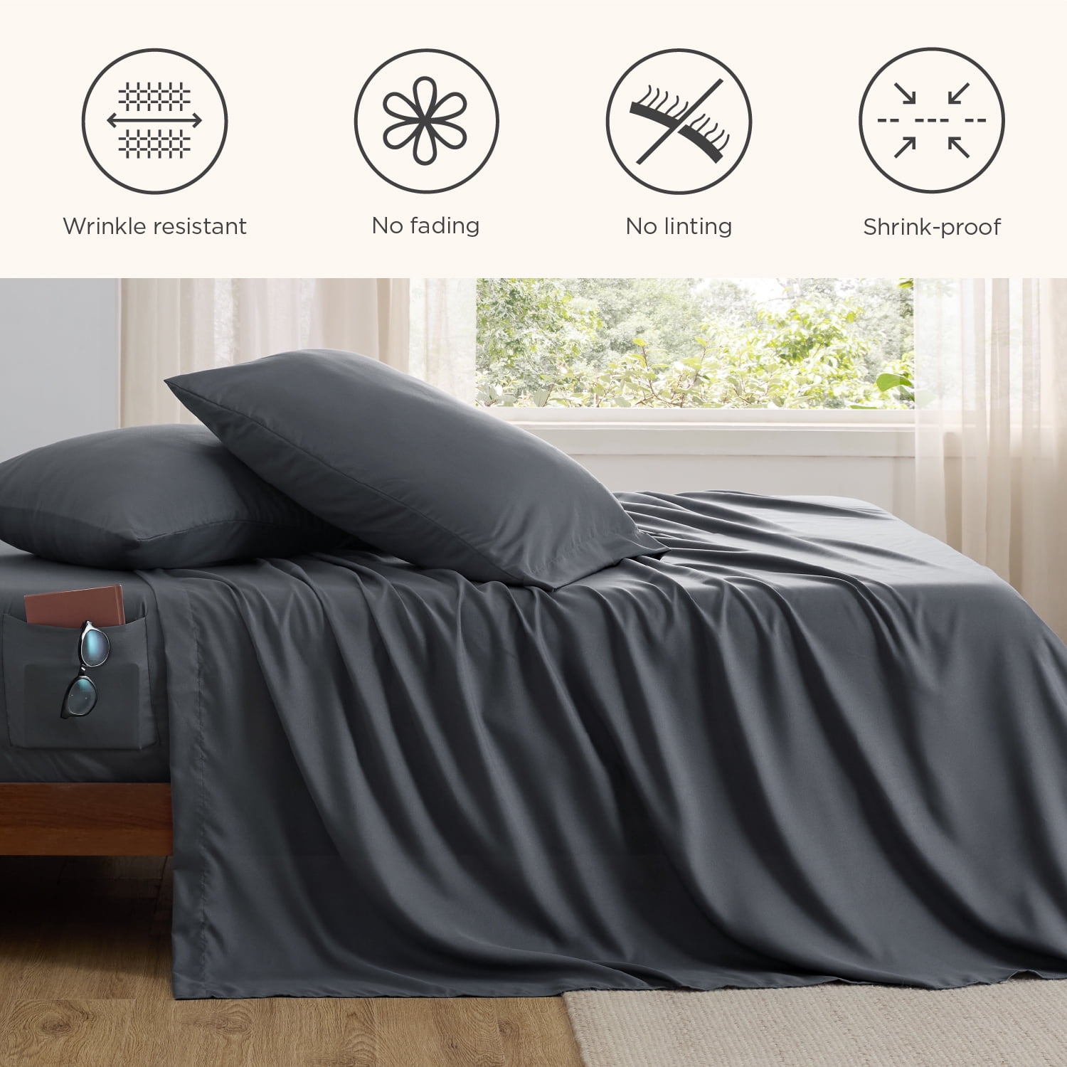 Cozy Comfort Queen Bed Sheets with Side Pocket,4 Pieces Polyester Microfiber Bed Sheet Set,Dark Gray