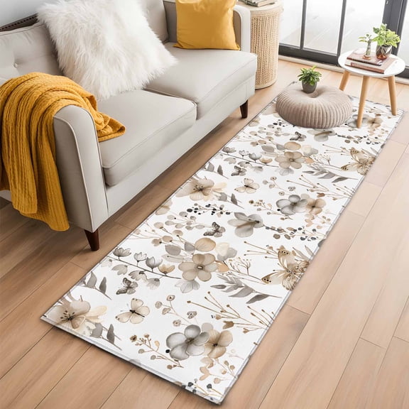 Brown Grey Floral Spring Runner Rug 2x6 FT,Non Slip Hallway Rugs,Watercolor Botanical Butterfly Washable Soft Floor Carpet Throw Runner Carpet Long Rugs for Entryway Kitchen Bedside Sliding Door