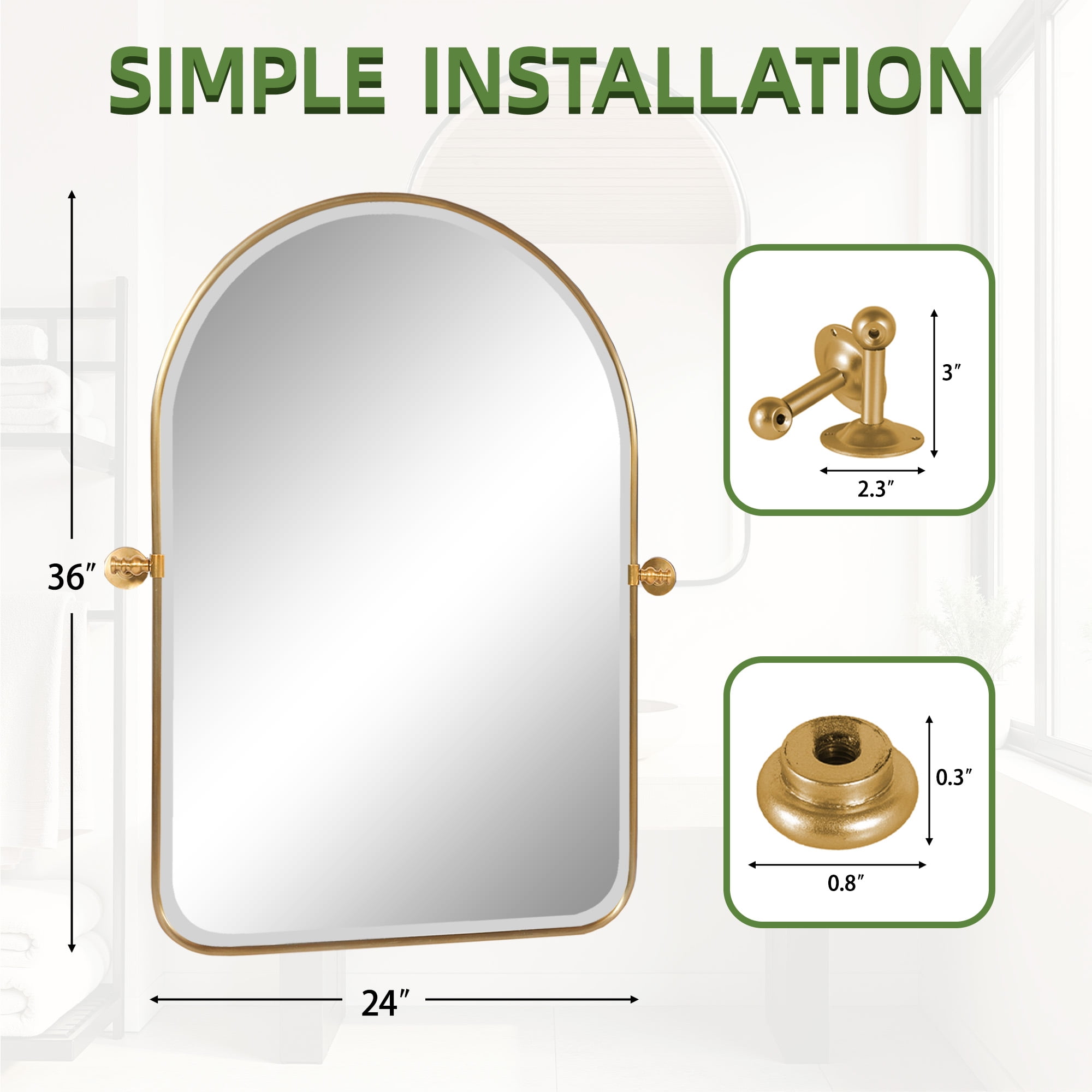 MAYEERTY 36×24in Modern Arched Aluminum Alloy Golden Framed Hanging Mirror, Wall-Mounted for Vanity & Sink, Swivel