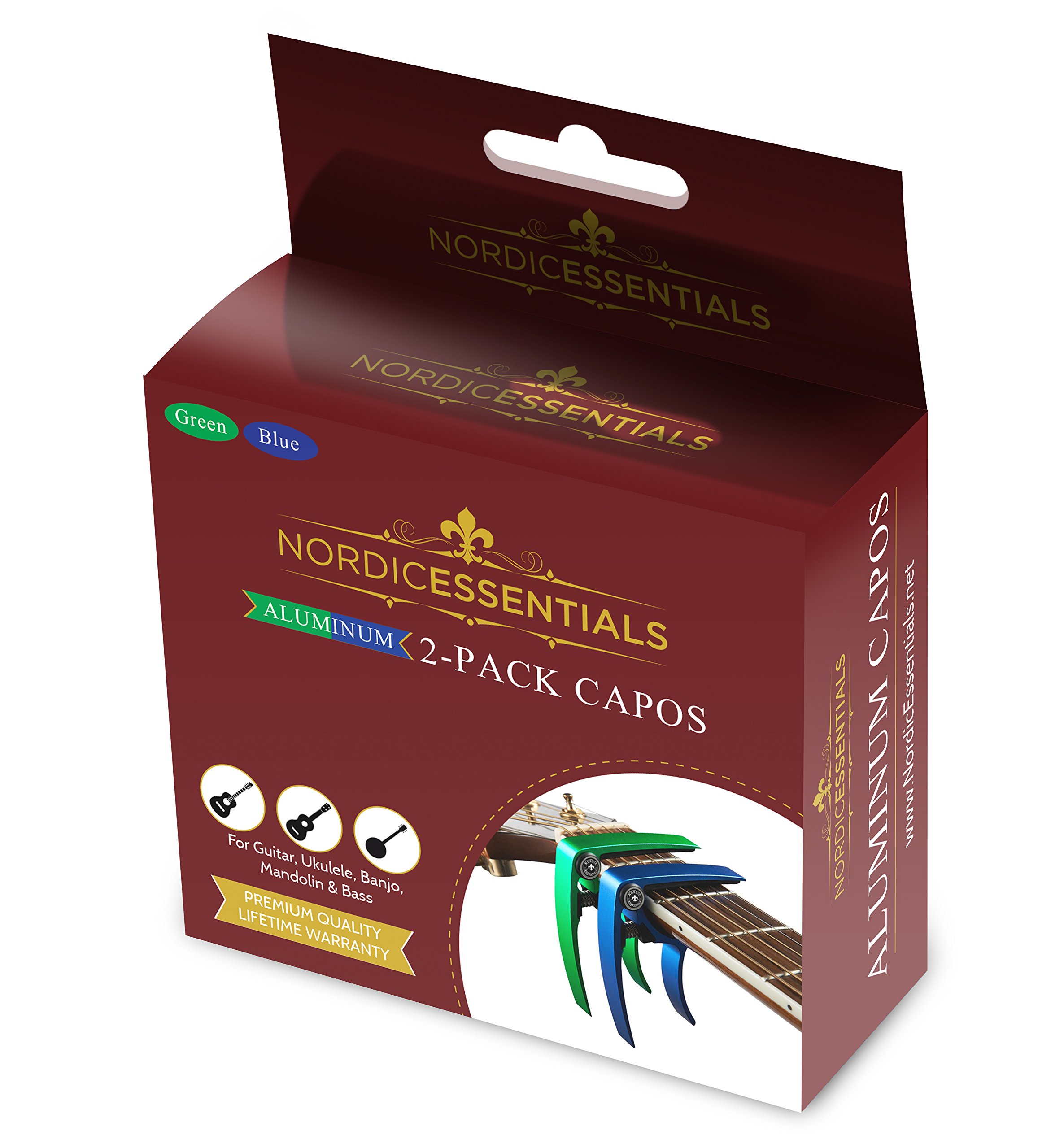 Nordic Essentials Guitar Capo 2-Pack – Green and Blue Aluminum Capos for Acoustic, Electric, Ukulele, Banjo