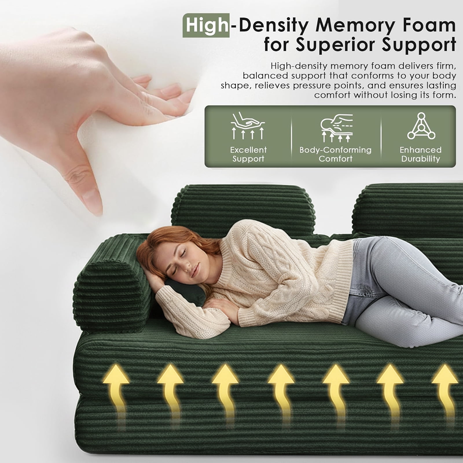 Convertible Sleeper Sofa Bed, 78.5" Modern Futon Sofa Bed for Living Room, Foldable Loveseat Sofa with Memory Foam, Corduroy Floor Mattress Couch, No Assembly Required (Green)