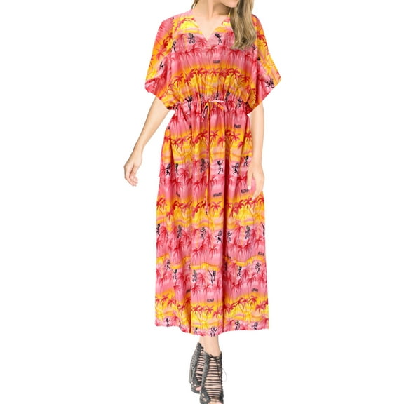HAPPY BAY Women's Summer Loungewear Casual Kaftan Beach Cover Up Slit Dress Maxi Dresses Caftans for Women 2X-3X Ruby, Palm Tree