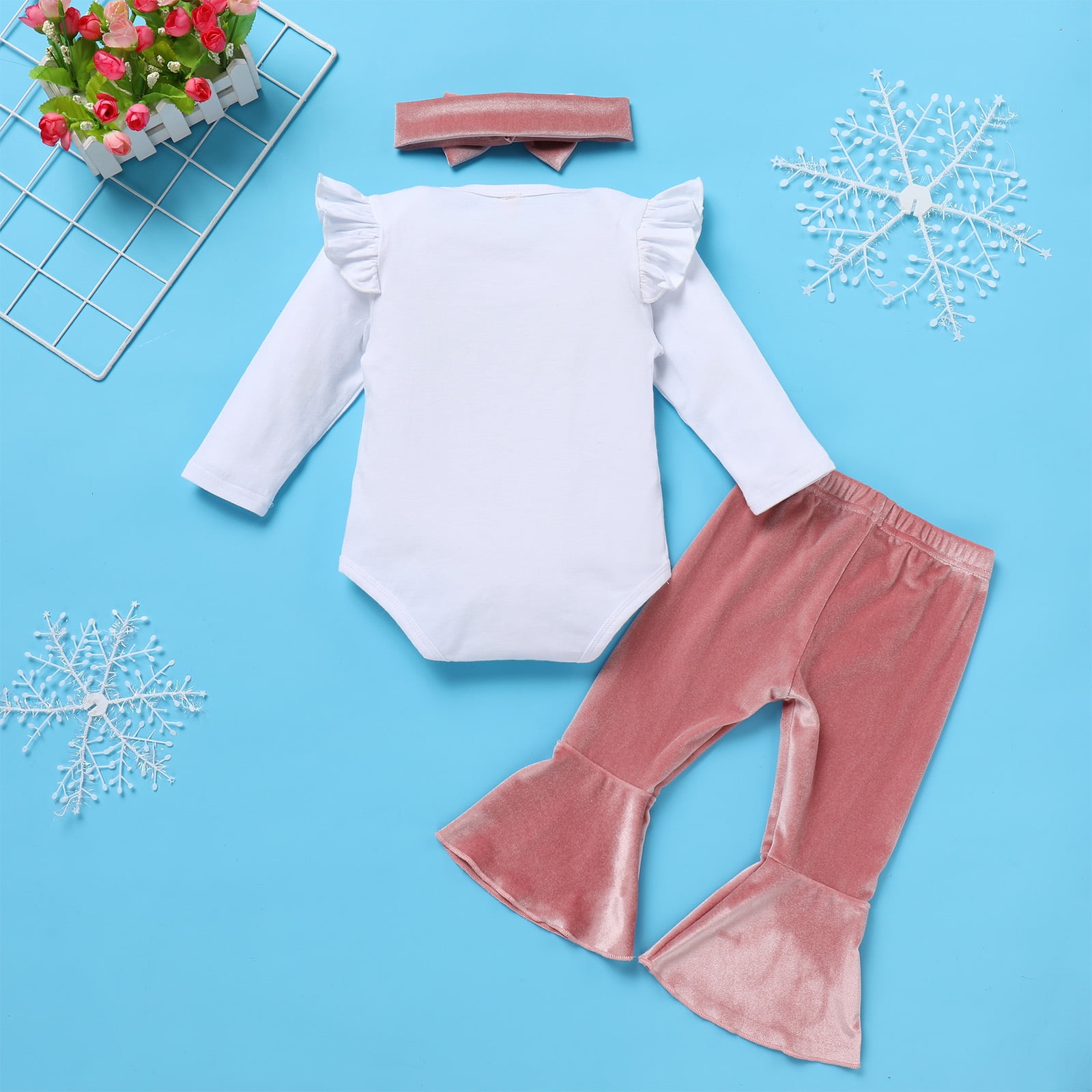 IDOPIP Baby Girls 1st Birthday Outfit Winter Snowflake One Romper+ Velvet Bell Bottoms Cake Smash Outfits