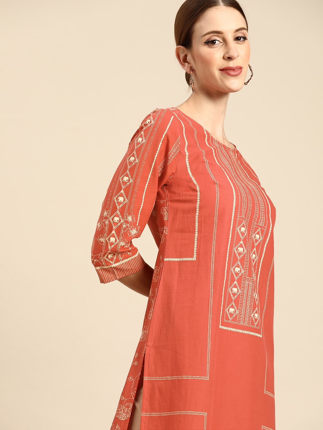 Women Rust Orange Striped A-Line Kurta | A line kurta, Cotton kurti  designs, Kurta designs
