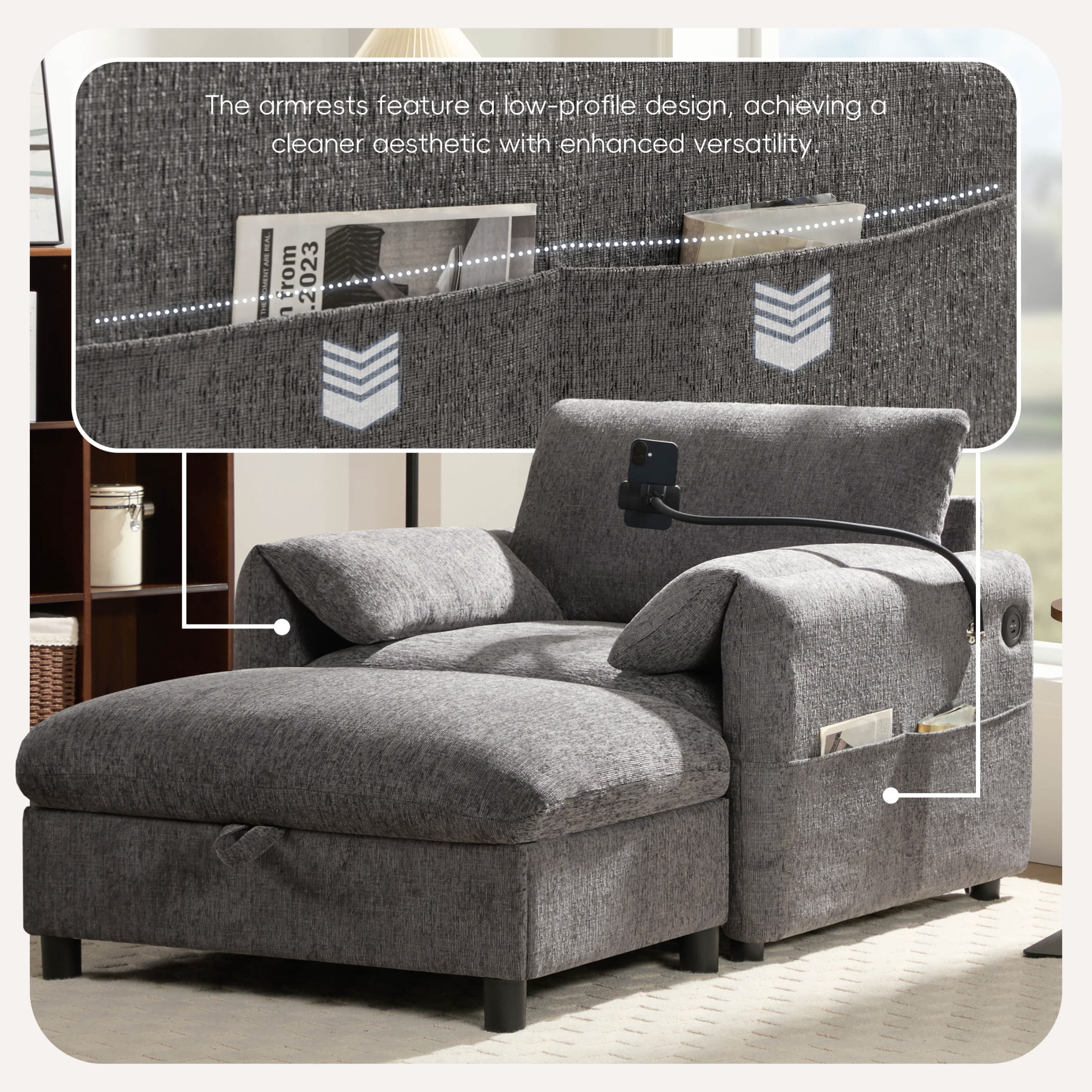 Noble House Odette 37" Chenille Upholstered Armchair with Storage Ottoman and Charging Port, Cloud Chaise Lounge, Gray