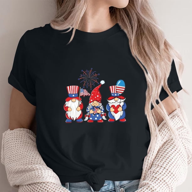 Fiudx Ofertas Del Día Top de Manga Corta con Cuello Redondo y Estampado Del Día de La Independencia, Informal y Elegante para Mujer