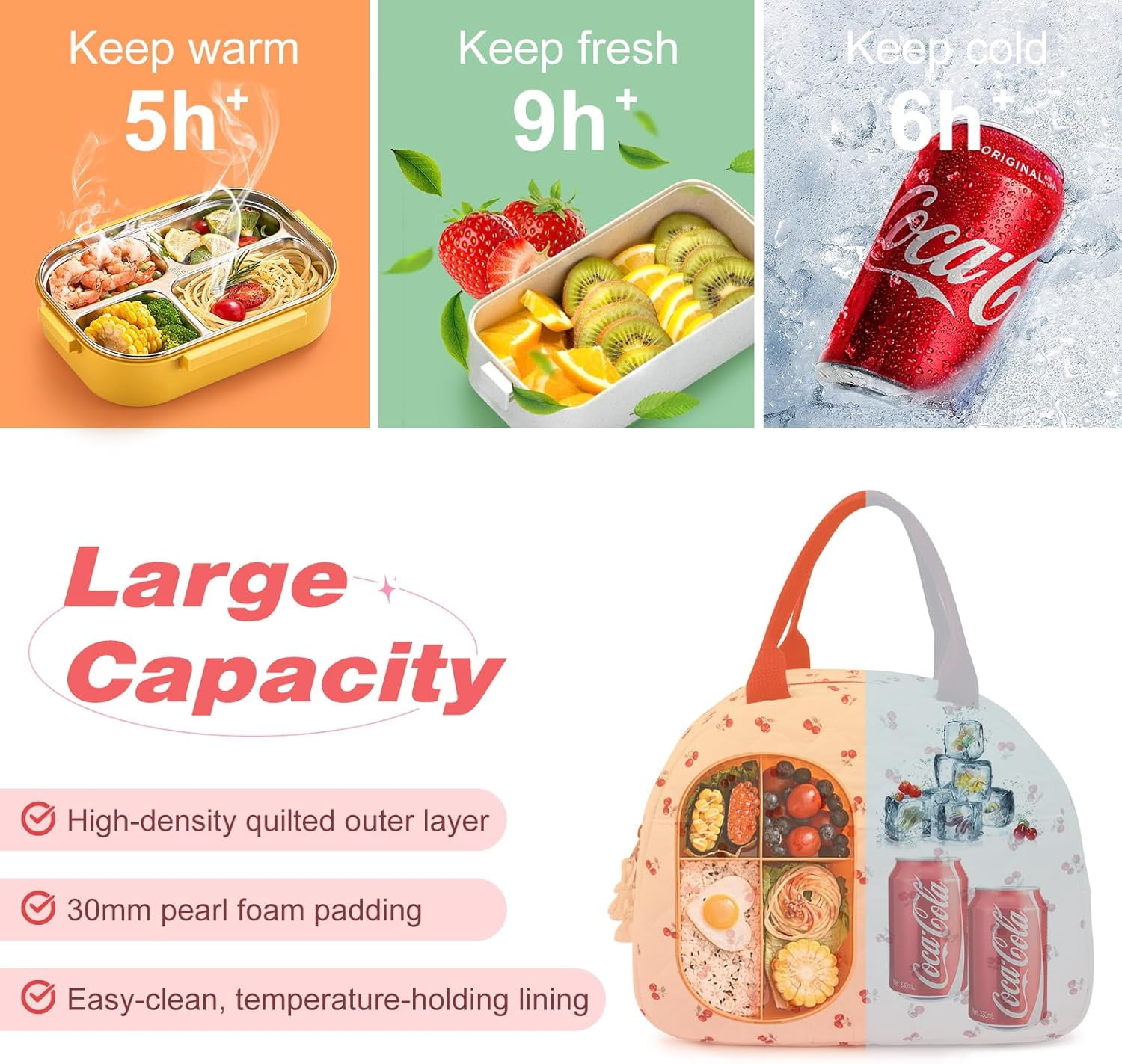 Lunch Box for Women Quilted Insulated Lunch Bag Tote Cute Reusable Floral Cotton Lunch Box Large Capacity Lunch Bag for Work Picnic Travel Aesthetic Coquette Style