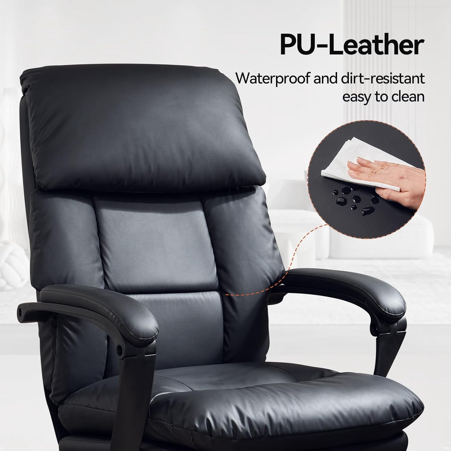 EMIAH Office Chair with Foot Rest, Ergonomic Executive Office Chair with Arms, Reclining High Back PU Leather Comfy Swivel Computer Desk Chairs with Wheels and Lumbar Support for Home Office, Black