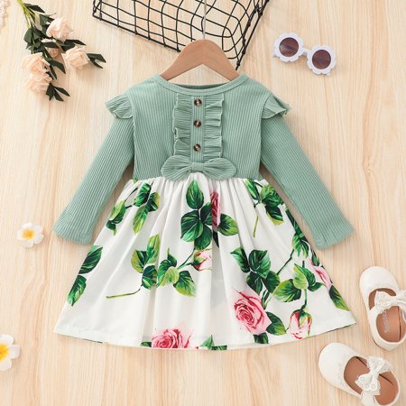 

Bow Splice Baby Kids Toddler Girls Party Ribbed Princess Floral Dress Ruffled Girls Dress&Skirt