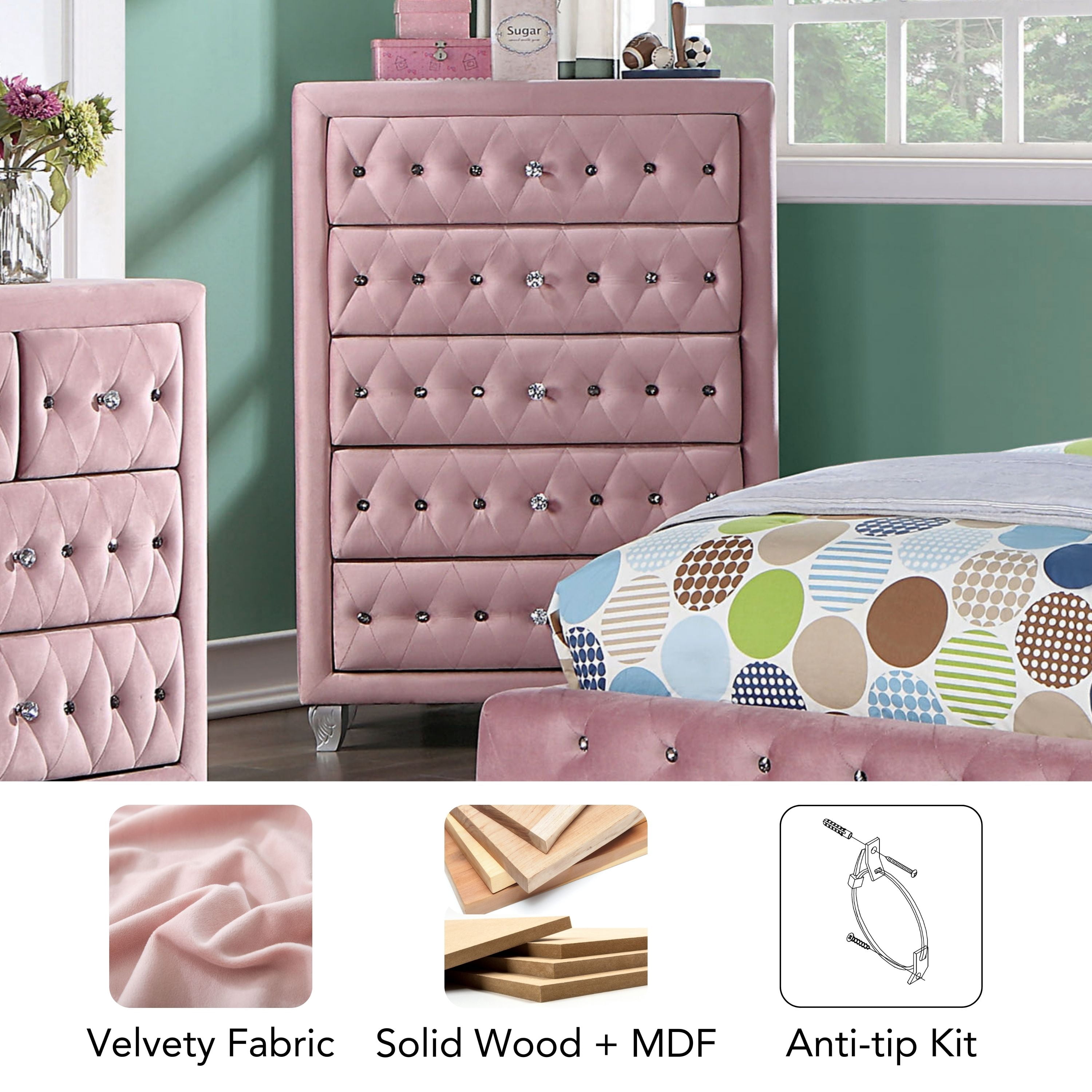 Furniture of America Breand Adult Glam 5-Drawer Vertical Dresser, Pink