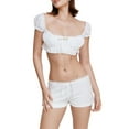 thumbnail image 2 of Gupgi Women 2 Piece Short Sleeve Square Neck Ruffle Ruched White Crop Tops Low Waist Shorts, 2 of 8