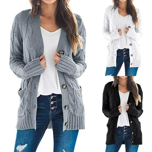 SMihono Single Breasted Women Tops Solid Knit Sweater Cardigan Loose Slouchy V Neck Casual Wrap Chunky Loose Pocket Ladies Fashion Short Coat Female Outerwear Gray M
