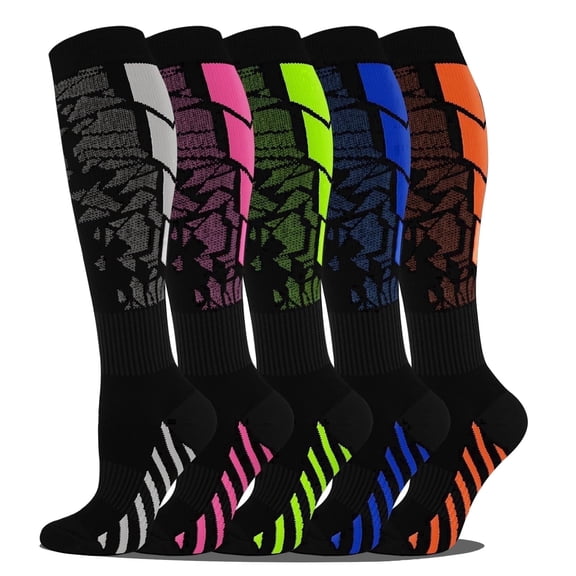 Goldeer Compression Socks 15-20 mmHg Knee High, 5 Pairs Graduated Support for Men & Women, Athletic Running & Everyday Wear, Breathable Nylon Polyester Colorful Sport Design