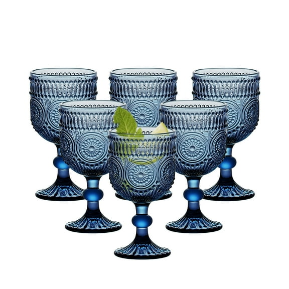 6-Piece Vintage Embossed Blue Glass Wine Goblets Set - 10oz Lead-Free, Durable Drinkware for Weddings, Parties, Everyday Use, Perfect Gift