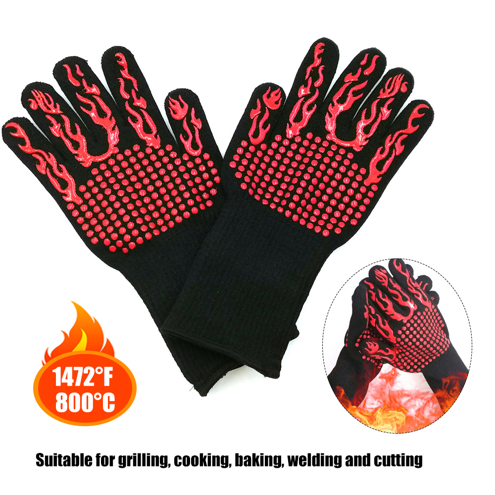 1pc BBQ Grill Gloves 800°C Heat Resistant for Garden Outdoor Cooking Black