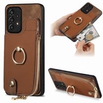 Feishell for Samsung Galaxy A52 5G Wallet Case, Zipper Purse with 360 Rotatable Ring Kickstand, Premium PU Leather Shockproof Magnetic Buckle Credit Card Slots Holder Phone Case for Women Men,Brown