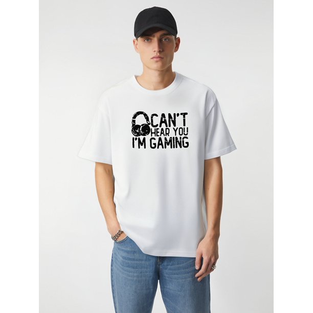 Men's Casual Gaming Graphic Tee "Can't Hear You I'm Gaming" - 100% Polyester Knit Fabric T-Shirt with Crew Neck, Regular Fit, Breathable Comfort for Summer & Outdoor Activities - Slight Stretch Alpha