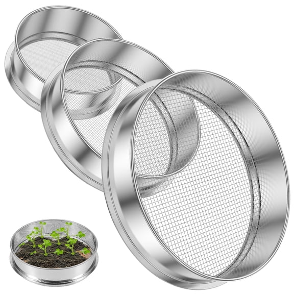 Soil Sifter Set with 3 Sieve Meshes with 5mm, 3mm, 1mm Mesh for Rock Sifter and Sand Sifter-Made of Stainless Steel