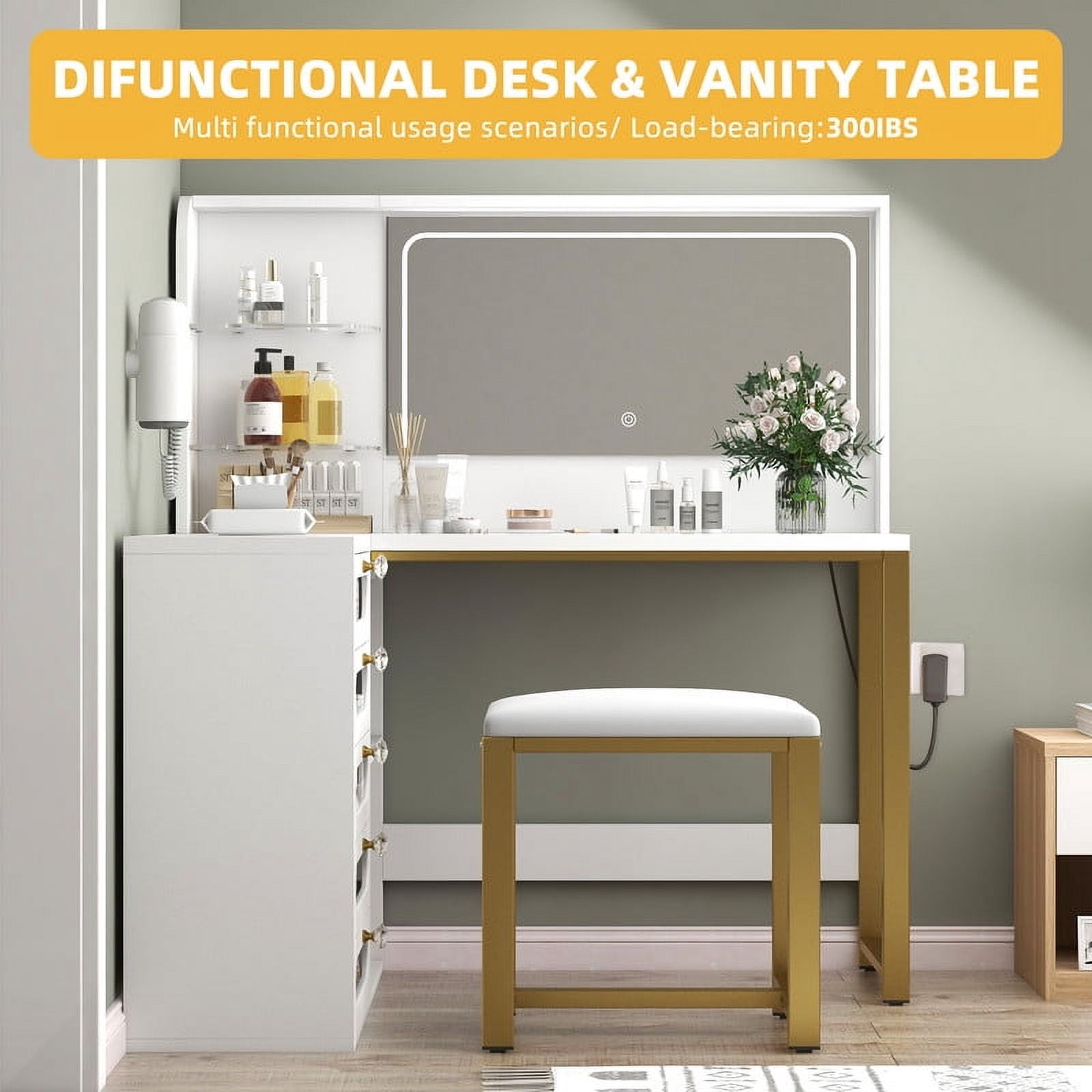 Uforic Makeup Vanity with Lighted Mirror, Modern Vanity Table Set with Stool, L Shaped Dressing Table with 5 Drawer for Bedroom, White