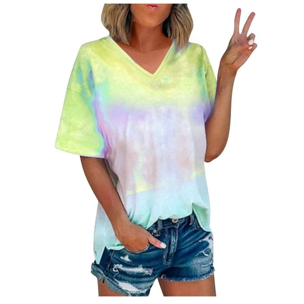 Blusas de Manga Corta Casuales para las Mujeres con Cuello en V, Top de Poliéster de Moda de Verano para el Uso Diario