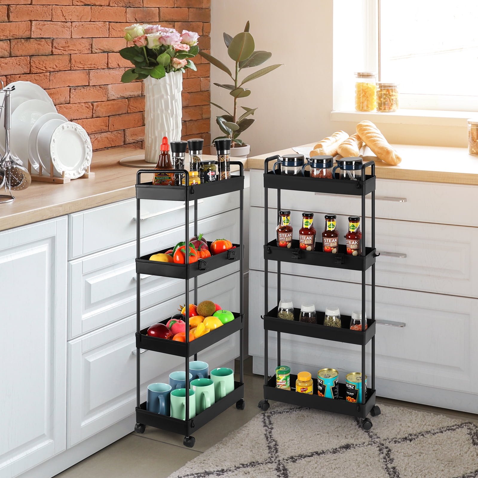 Oumilen 2pk 4-tier Plastic Storage Shelf Unit Multiple Room usage holds up to 50lbs per shelf