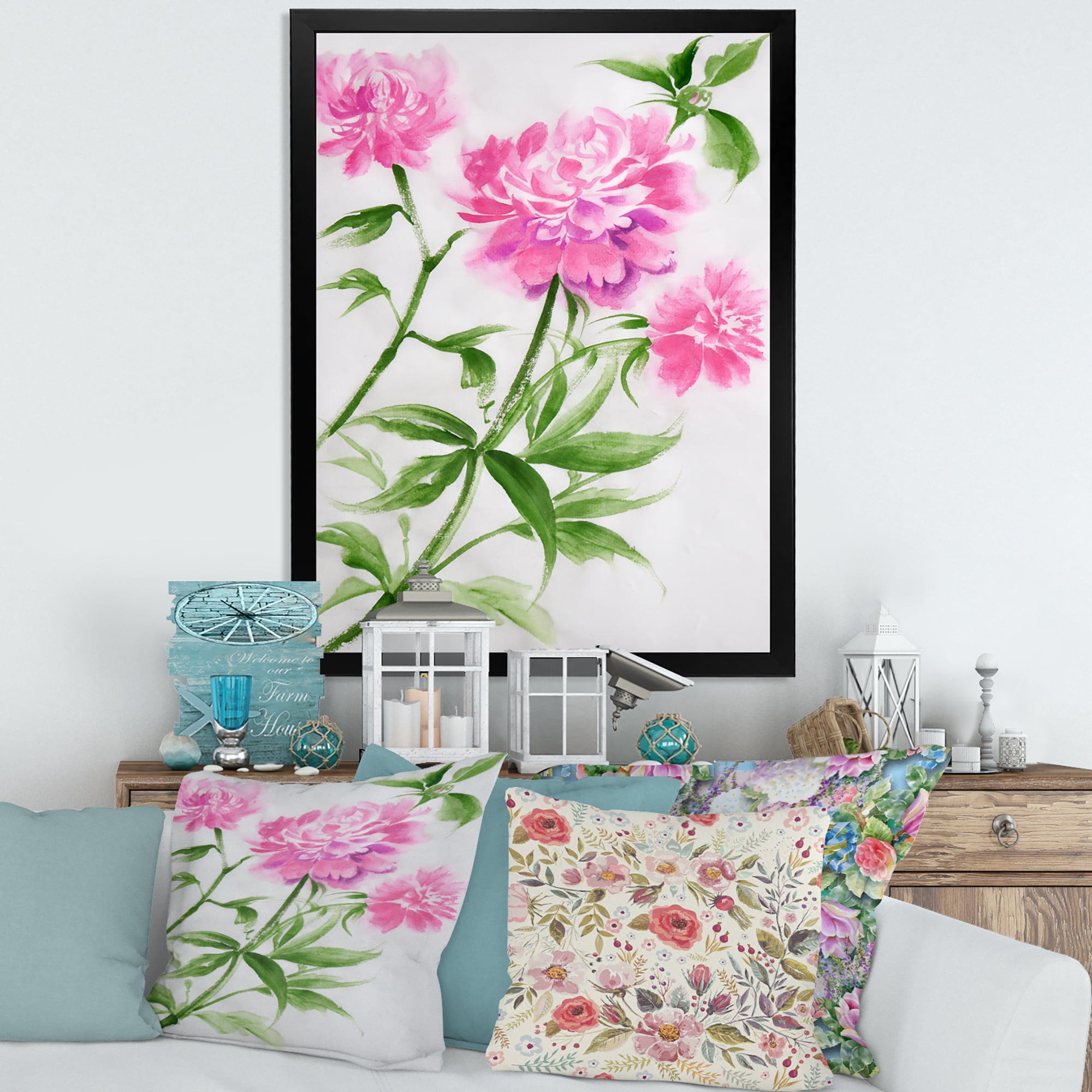Designart 'Purple Peonies With Green Bush II' Traditional Framed Art Print