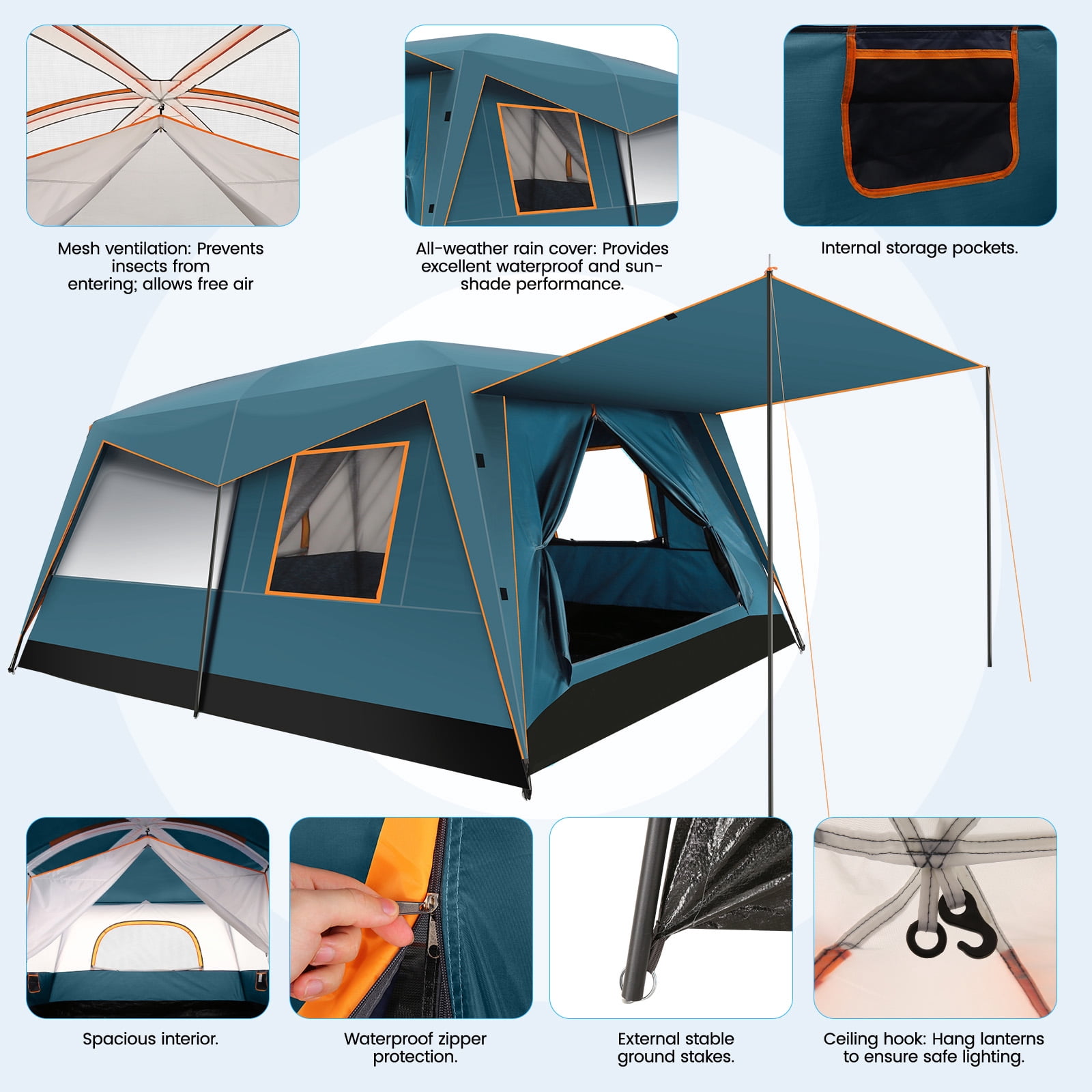 HOTEEL 10 Person Camping Tent Family Tents, Instant Cabin Tents, Family Cabin Multi Room Pop Up Tents Car Camping for Parties, Music Festival Tent, Big, Easy Up, Included Storage Pockets, Blue