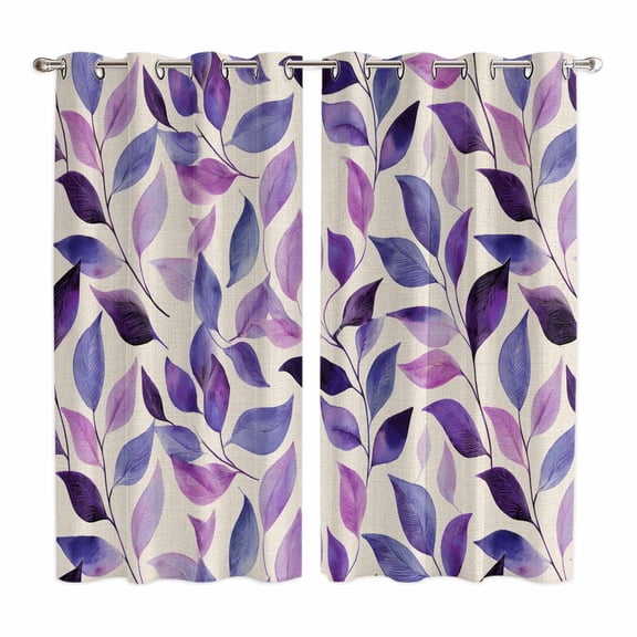 Spring Purple Leaves Kitchen Curtains Window Panels, Country Botanical Pastoral Leaf Beige Insulated Window Treatment Curtain, Grommet Curtains for Bedroom/Living Room/Bathroom, 2 Piece 42"Wx63"L