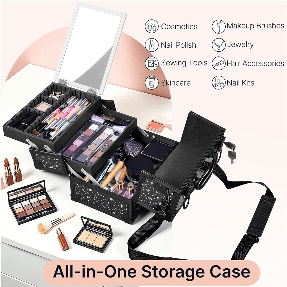 Renwick Portable Makeup Train Case with Mirror and 2 Trays, Black