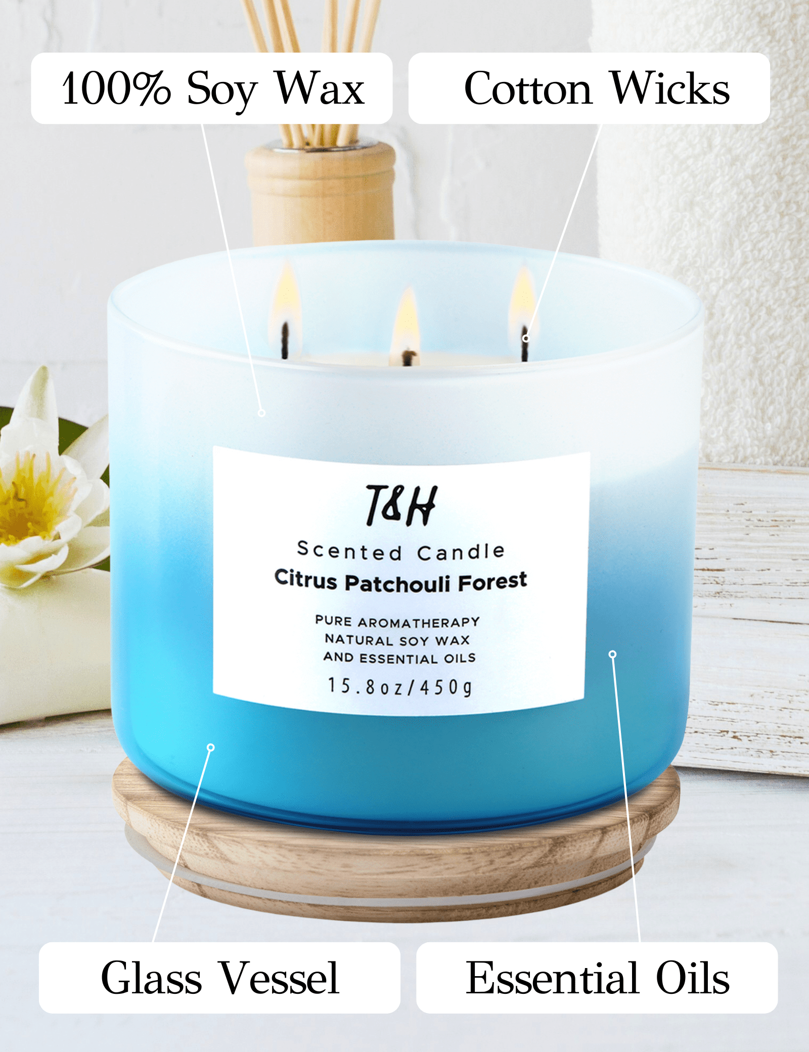 Citrus Patchouli Forest Scented Candle 3 Wick Aromatherapy Candle Long Lasting and Clean Burning Soy Candle for Men and Women Relaxing Candle for Home Scented