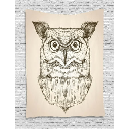 Owl Tapestry Hand Drawn Artistic Sketch Of An Owl Head Front View Wildlife Animal Theme Wall Hanging For Bedroom Living Room Dorm Decor 40w X 60l