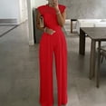 thumbnail image 2 of Women's Lace Cap Sleeve Wide Leg Jumpsuit Elegant High Neck Dressy Party Outfit, 2 of 6