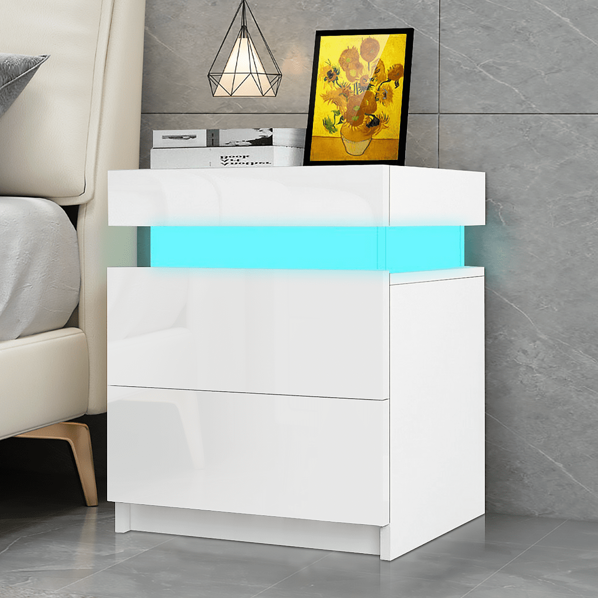 Tall 2 Drawer Nightstand With Rgb Led, White High Gloss Tall Side Table