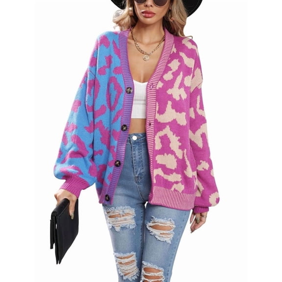 Chouyatou Women's Color Block Leopard Print Button Down Long Sleeve Cardigan Sweaters