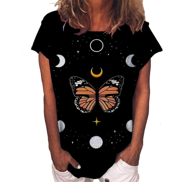 Blusa informal de manga corta con cuello redondo y estampado de verano a la moda para mujer Pompotops hfajkhk134862