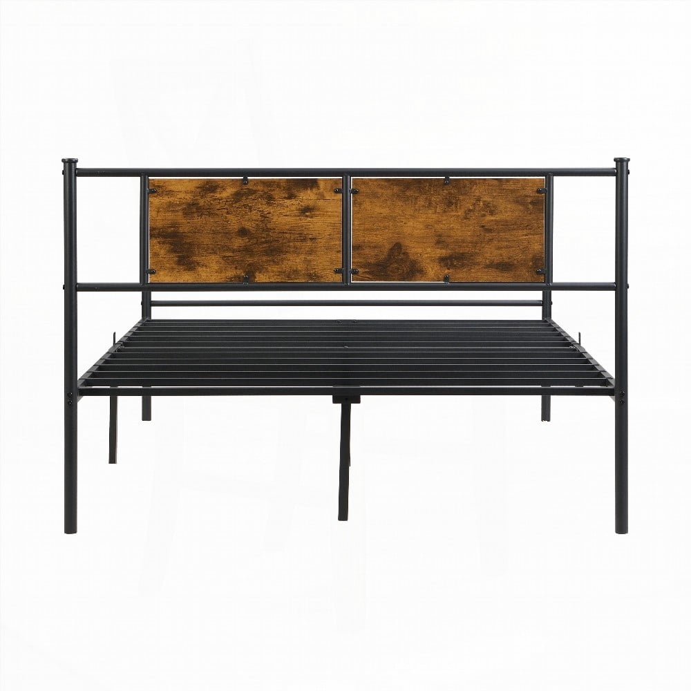 The black King Size metal bedframe with wood panel headboard provides under-bed storage and is easy to assemble. No box spring required.