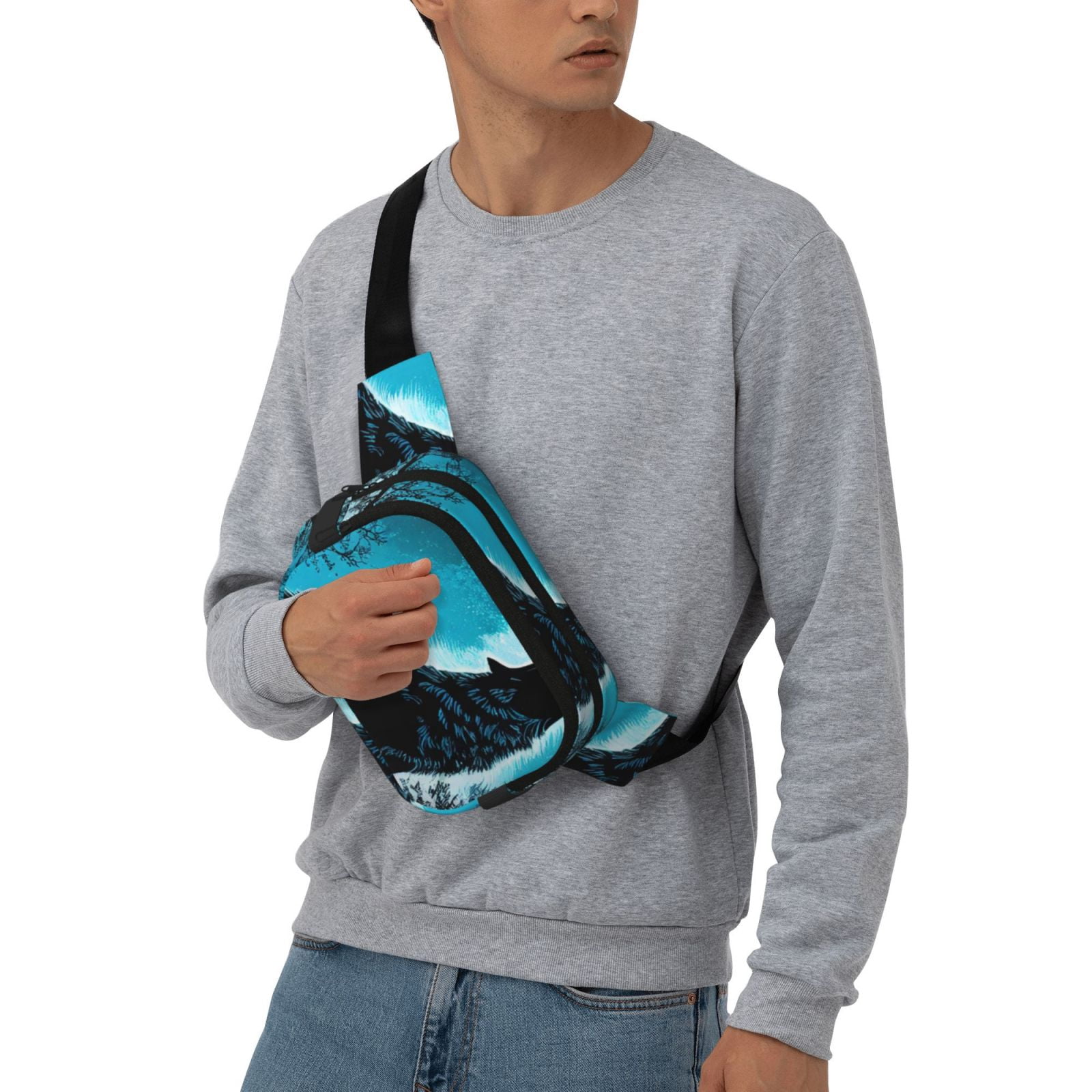Picia Blue Full Moon Wolf Print Square Double-Layer Waist Bag Mini Adjustable Waist Belt Bag Exercise Running Travel Hiking