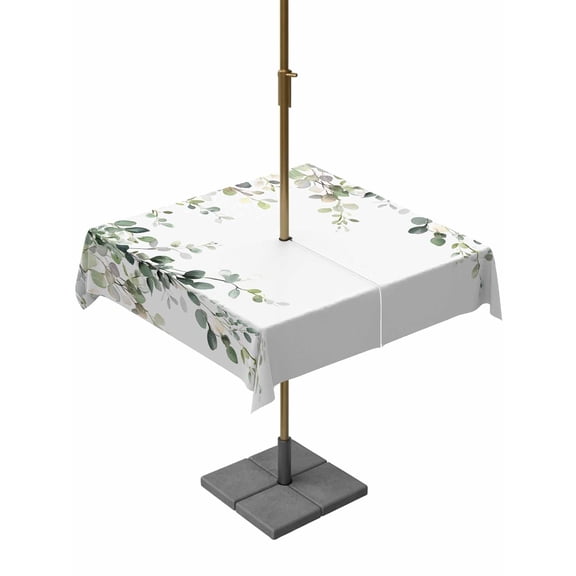 Outdoor Table Cloth with Umbrella Hole and Zipper, Eucalyptus Leaves Waterproof Square Tablecloth 54"x54", Spring Sage Green Summer Botanical Washable Table Cover for Outside Party Patio Picnic