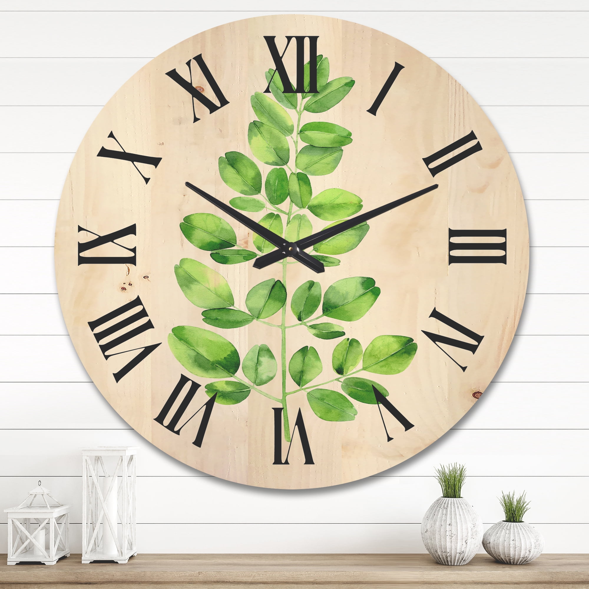 Designart 'Moringa Plant Branch Tropical Tree Foliage' Farmhouse Wood Wall Clock