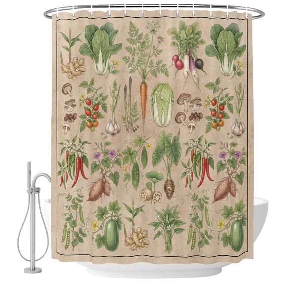 Small Stall Shower Curtain 36x72 Inch Narrow Half Size Rustic Vegetable Garden Bath Curtains Bathroom Decor, Vintage Farmhouse Plants Beige Waterproof Fabric Shower Curtain Set with Hooks 36 Inch