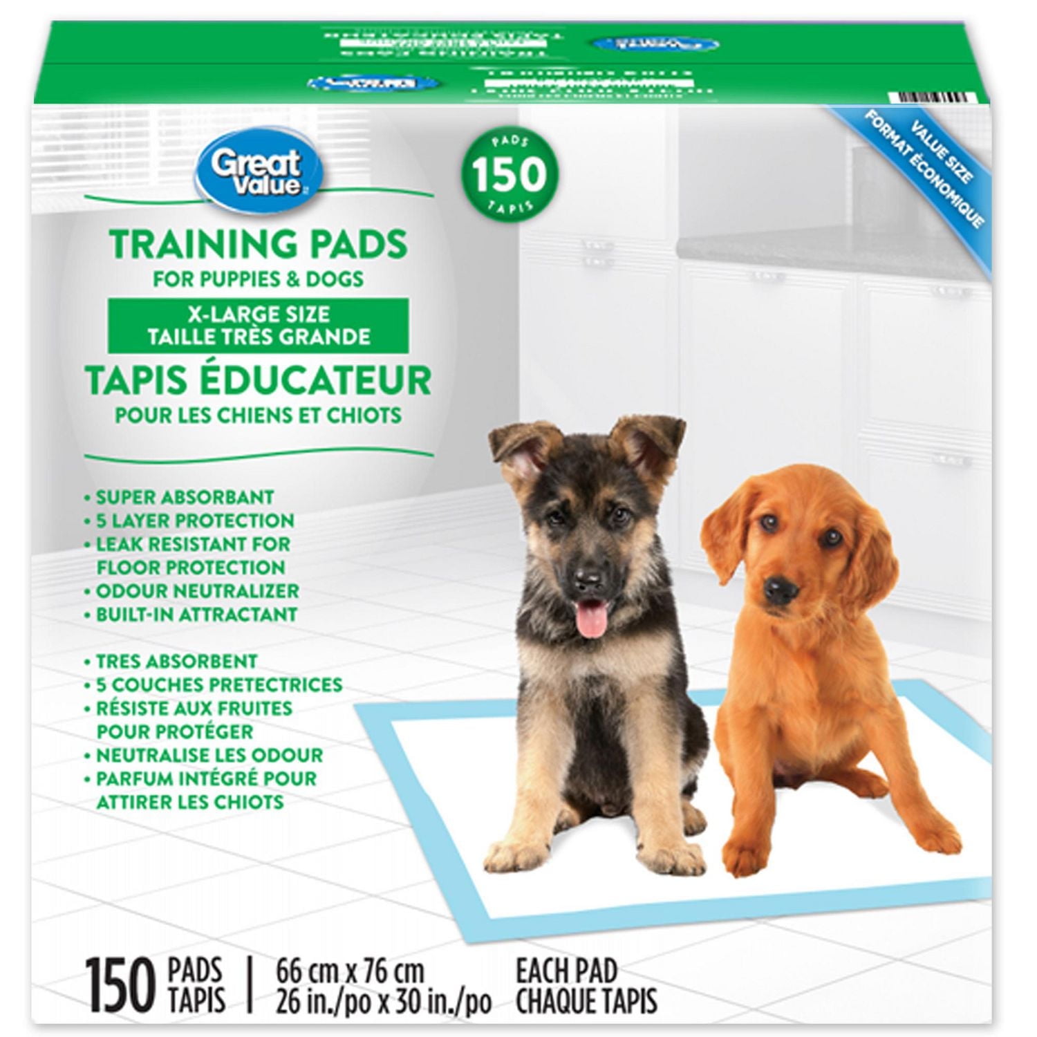 Great Value Tapis éducateur pour chiots XL 150 Tapis 26 x 30", paq de 150