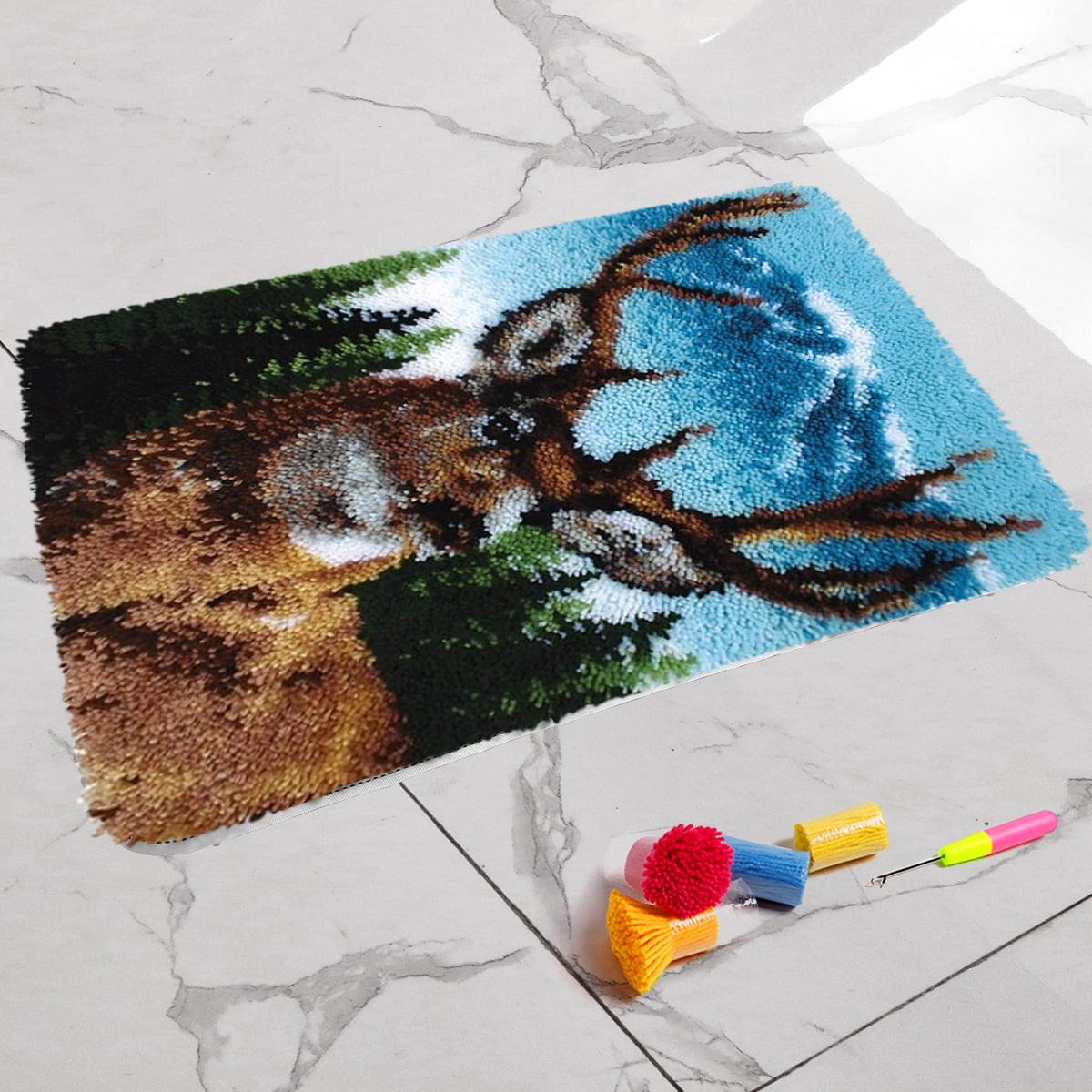 ShowNiceArt Deer and Elephant Rectangle Latch Hook Rug Kit, DIY Sofa Cushion Tapestry Craft Mat, 50×38cm/20×15in