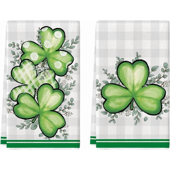 Shamrock Eucalyptus St. Patrick''s Day Kitchen Towels Dish Towels, 18x26 Inch Seasonal Buffalo Plaid Decoration Hand Towels Set of 2