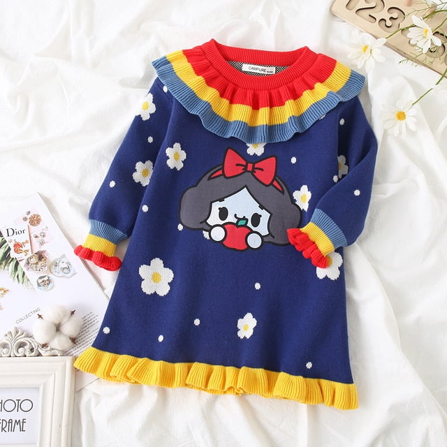 Vestido de invierno para niñas, ropa de dibujos animados, Blancanieves, sirena, Frozen, princesa Elsa, suéter para niños pequeños, Vestido de punto rosa