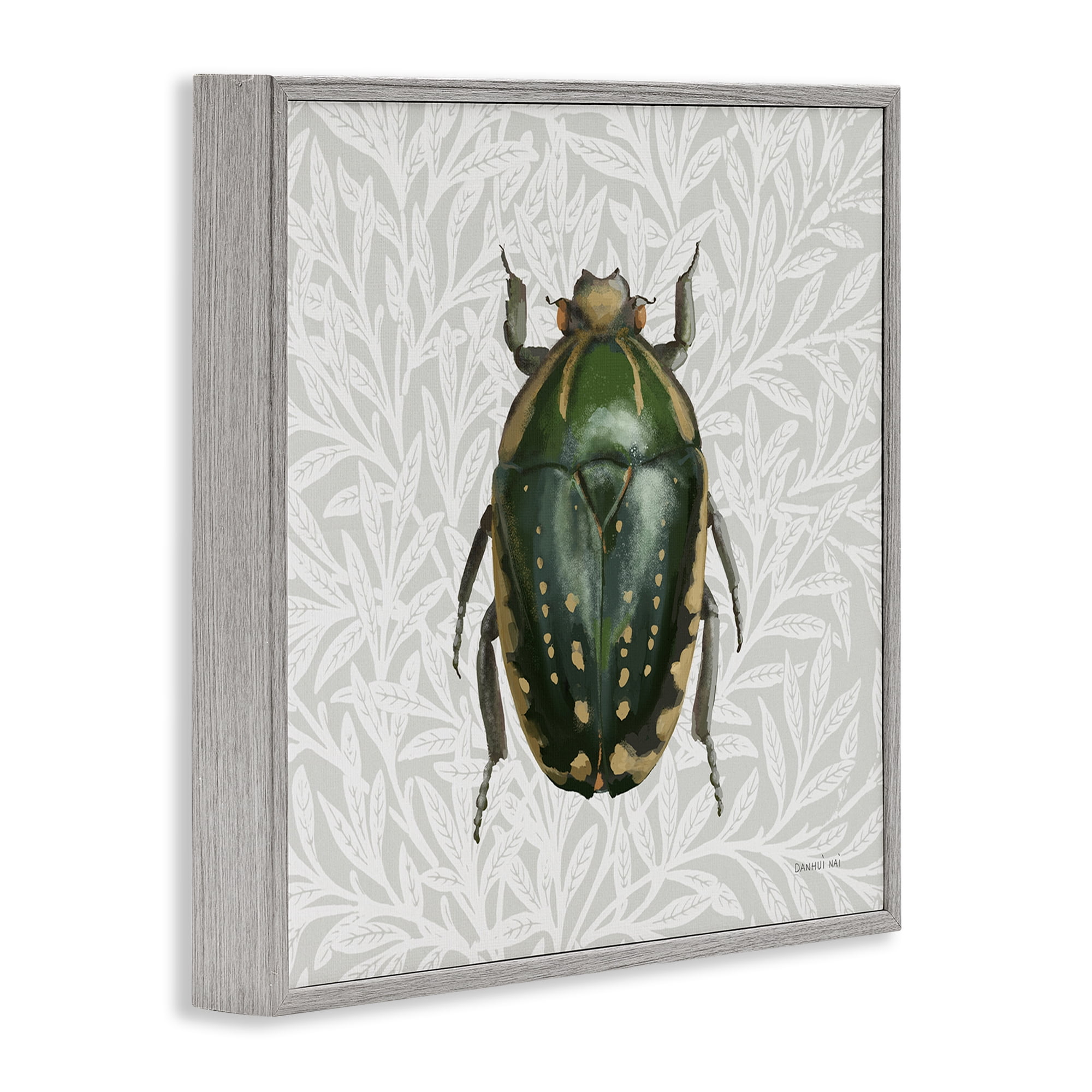 Stupell Industries Beetle with Botanical Pattern Animals & Insects Painting Gray Framed Art Print Wall Art, 12 x 12