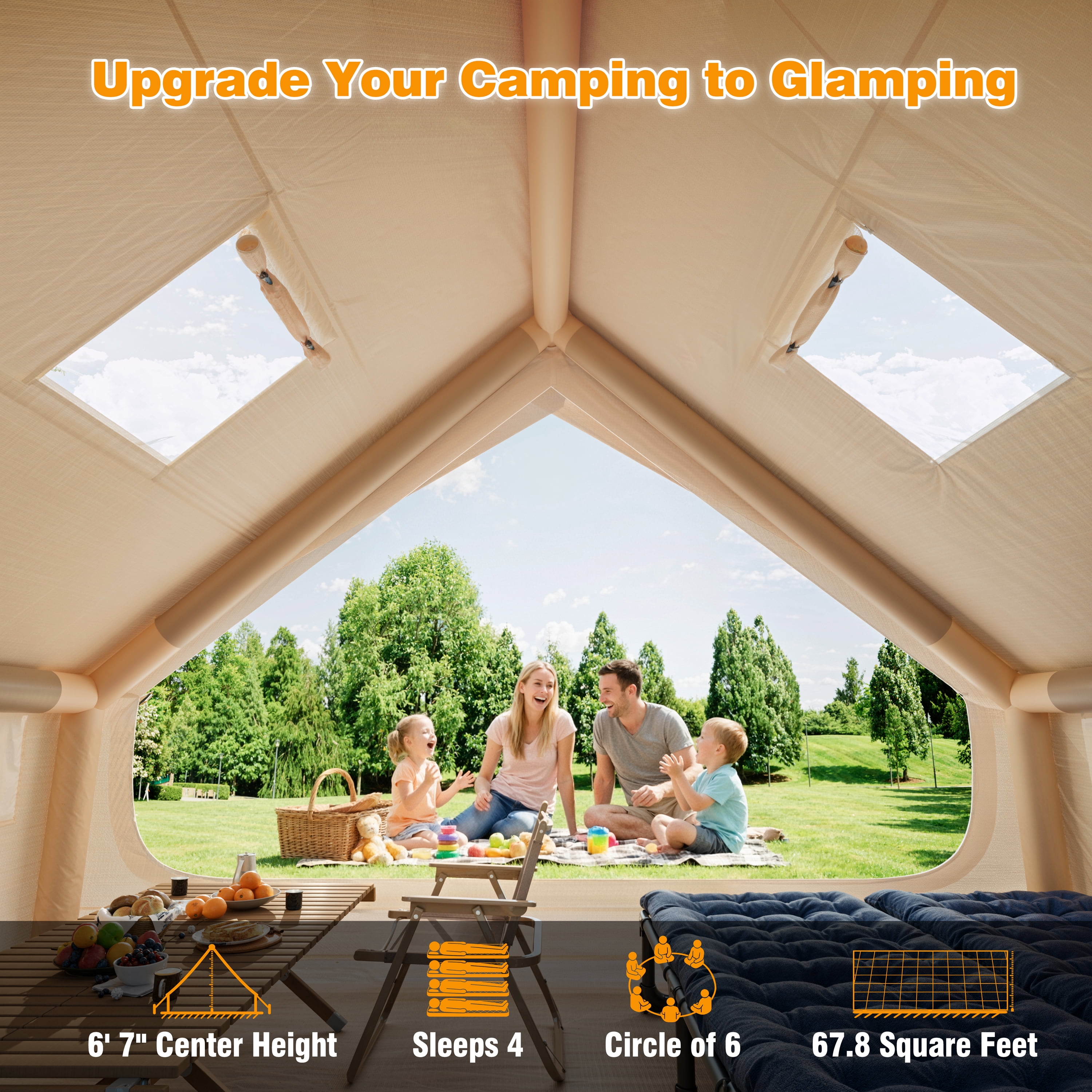 Qunler 4-6 Person Inflatable Tent with Pump, Large Waterproof Air Tent for Camping, Easy Setup in 5 Mins, Windproof Cabin Shelter, Beige